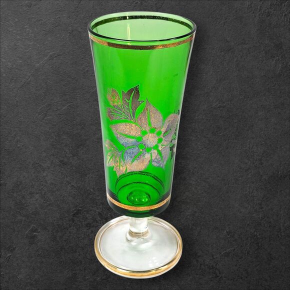 Set of 4 Vintage Footed Collins Glasses Mid-Century Libbey Style Gold Floral Red - Picture 7 of 11